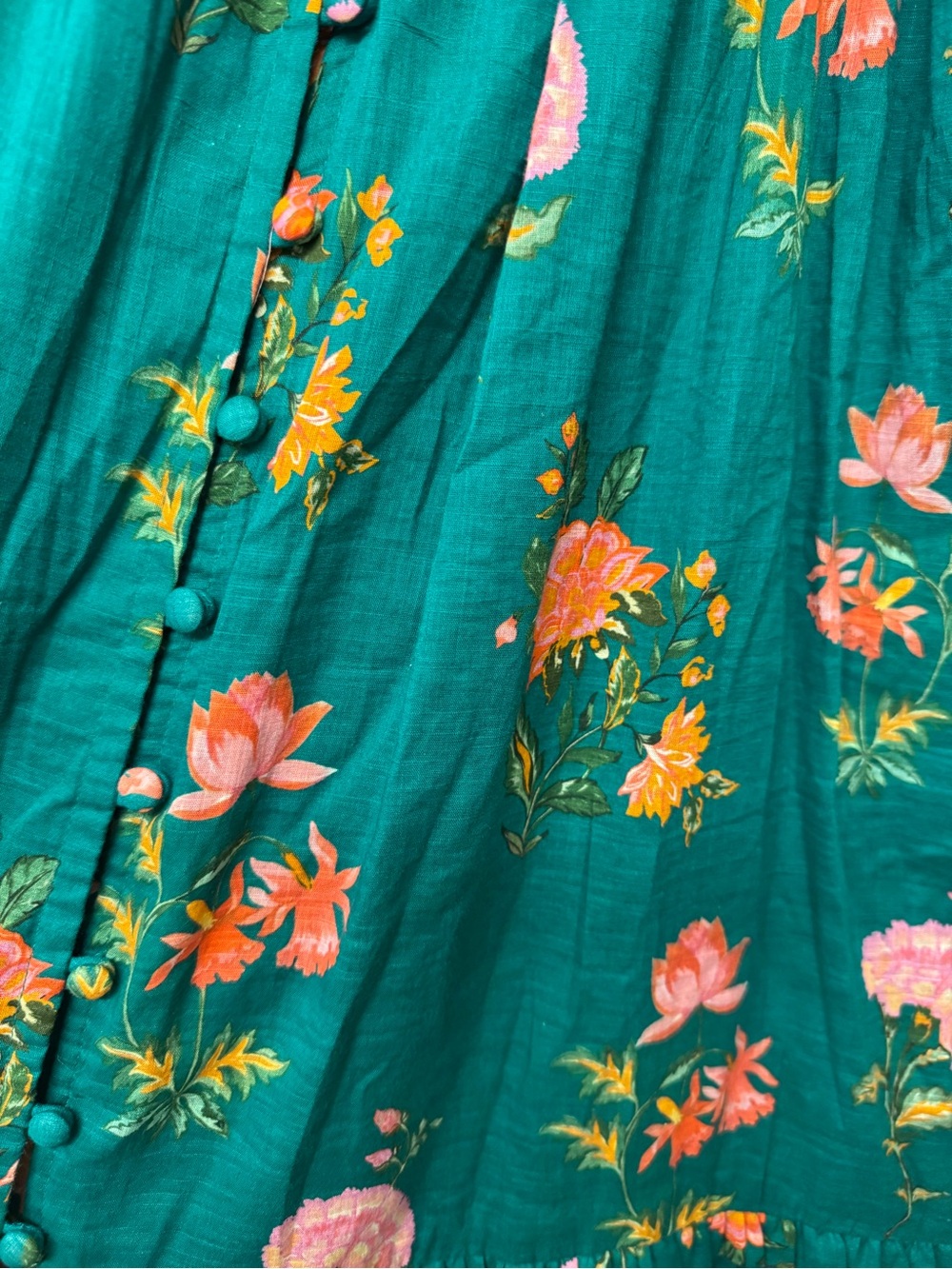 Anthropologie Teal Floral Button-Front Skirt with Coral Accents